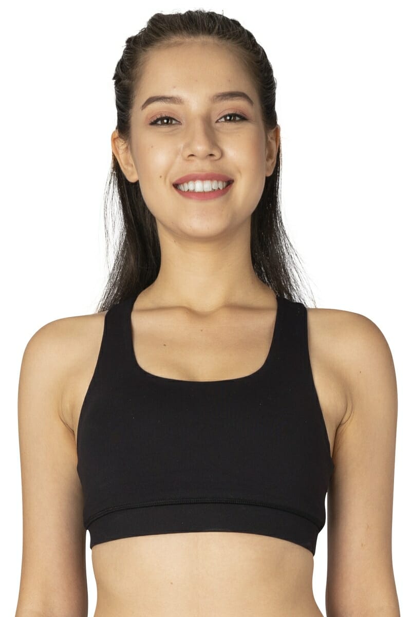 Criss-Cross Mesh Sports Bra in color Black by Chandra Yoga & Active