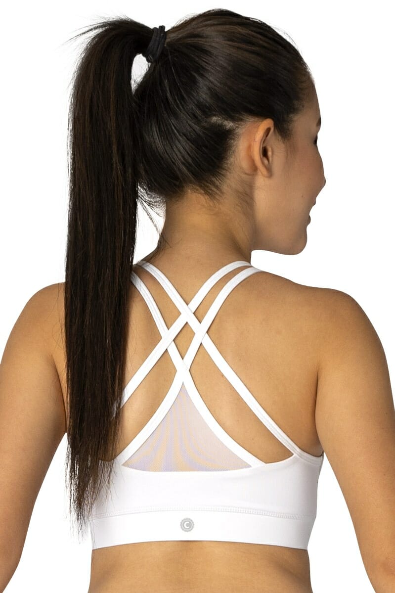 Criss-Cross Mesh Sports Bra in color white by Chandra Yoga & Active