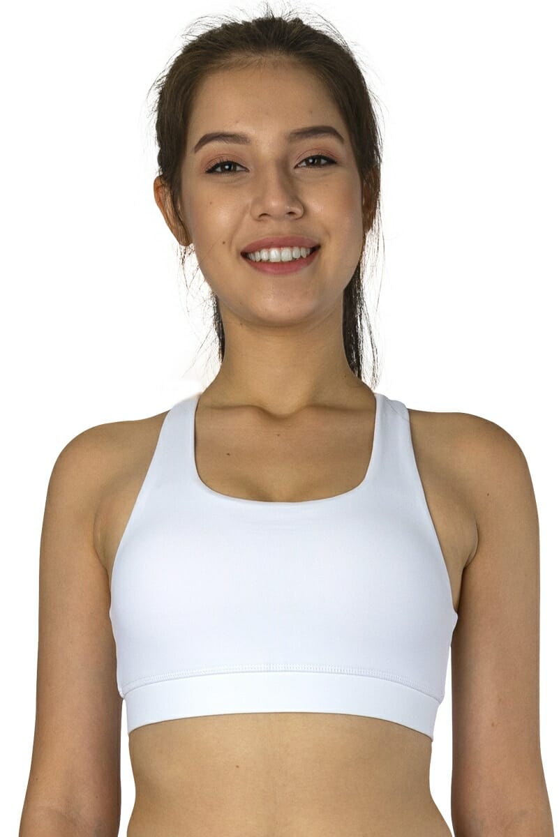 Criss-Cross Mesh Sports Bra in color white by Chandra Yoga & Active