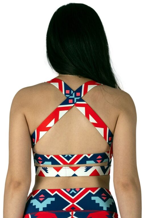 Tribal X-Strap Sports Bra in Varnin Aztec colors with a back view of the straps