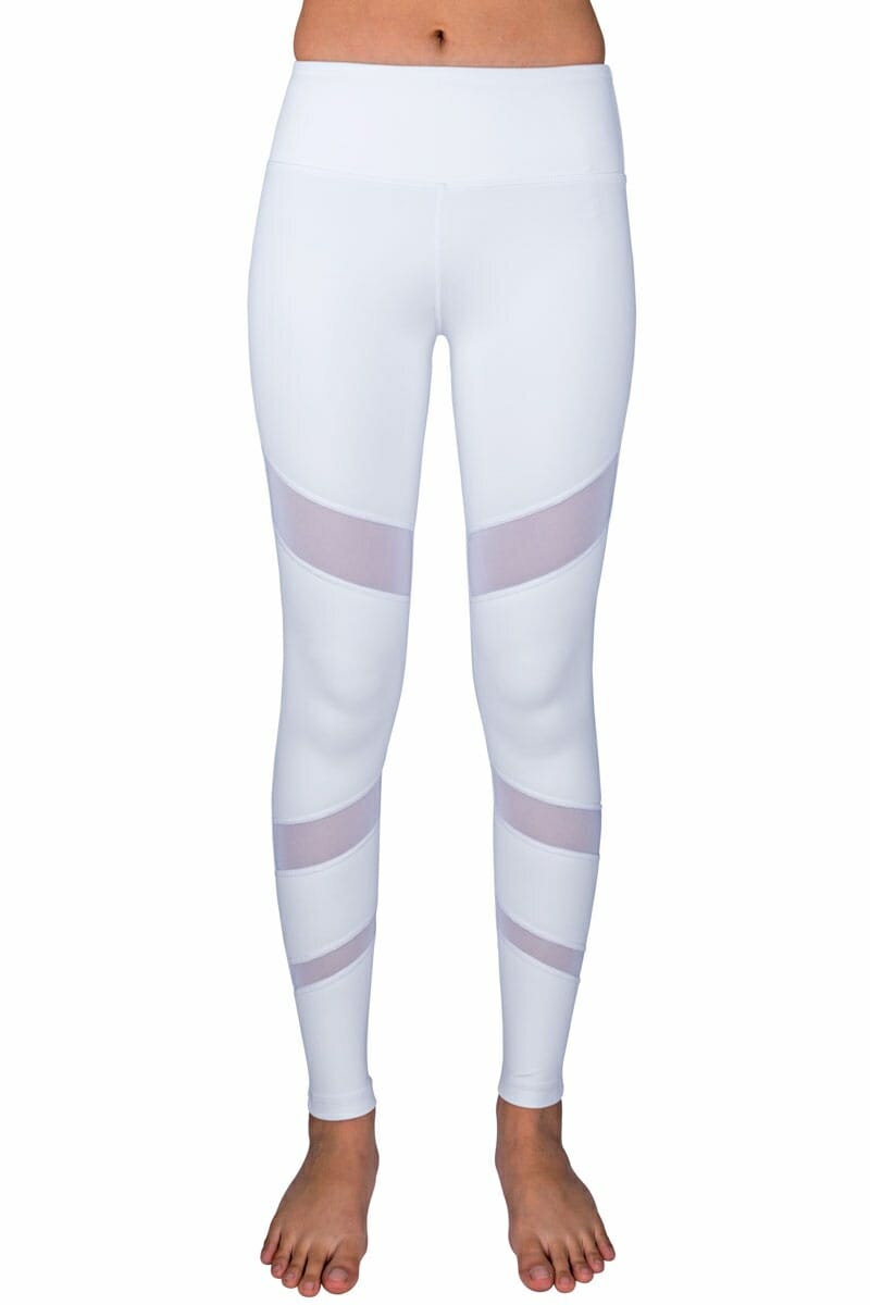 White Mesh Full-Length Leggings by Chandra Yoga & Active Wear