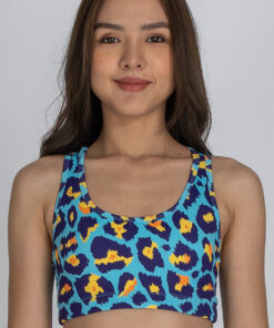 Front view of Racerback Sports Bra in Blue Cheetah