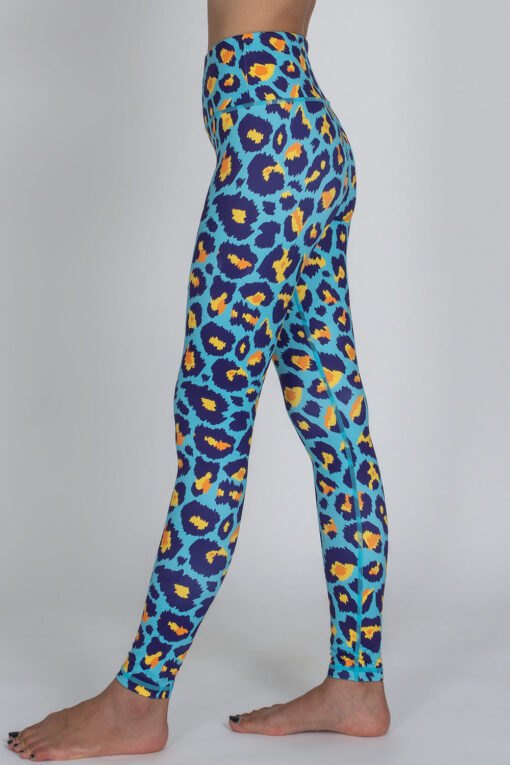 Side view of Blue Cheetah full-length Leggings by Chandra Yoga & Active Wear