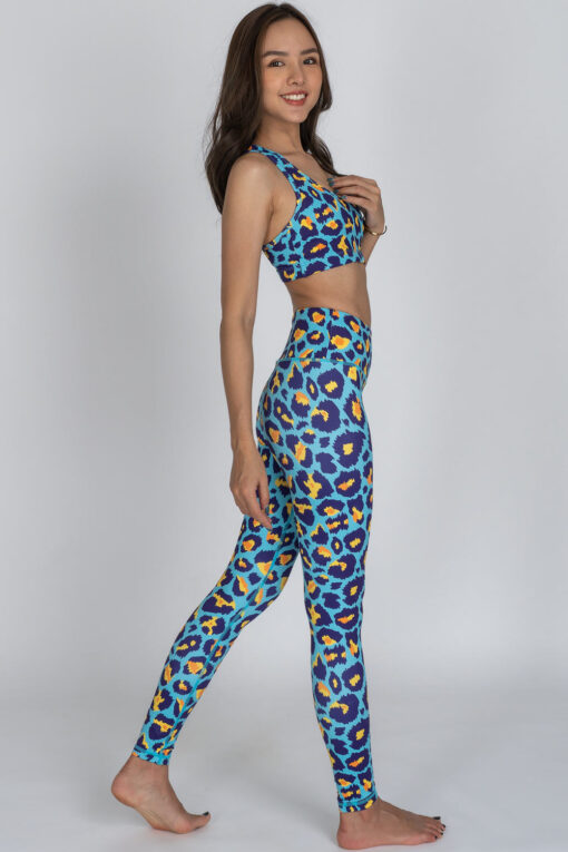 Blue Cheetah full-length Leggings showing the side with matching top.