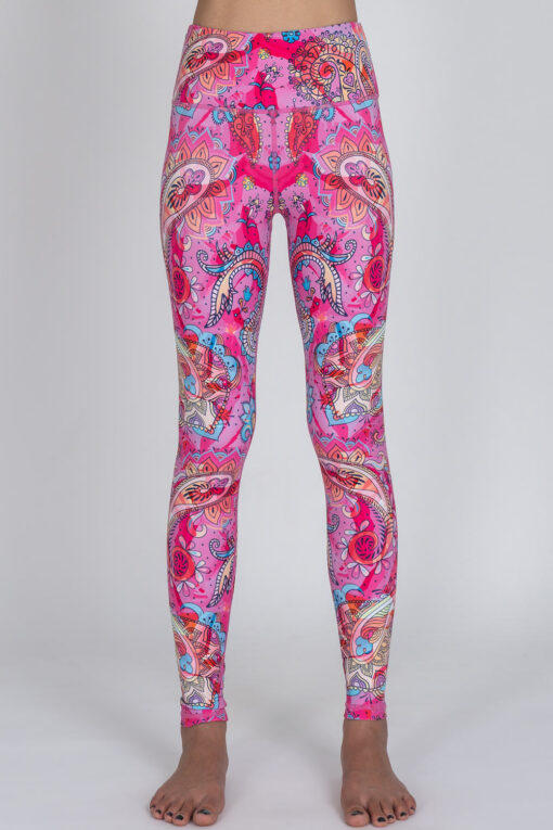 Front view of Party Paisley full-length Leggings by Chandra Yoga & Active Wear