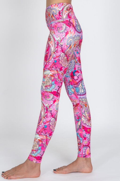 Side view of Party Paisley full-length Leggings by Chandra Yoga & Active Wear