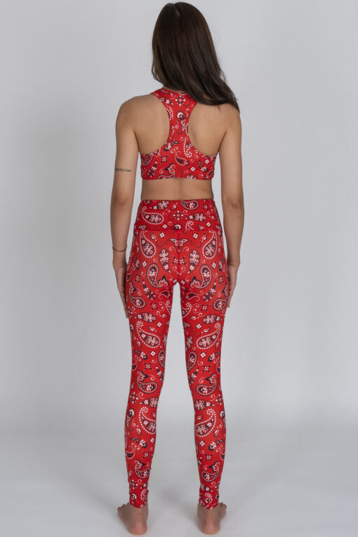 Back view of Red Paisley Racerback Sports Bra and matching full-length Leggings by Chandra Yoga & Active Wear