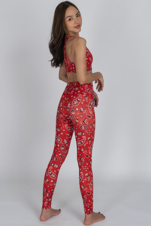 Red Paisley full-length Leggings showing the side with matching top.