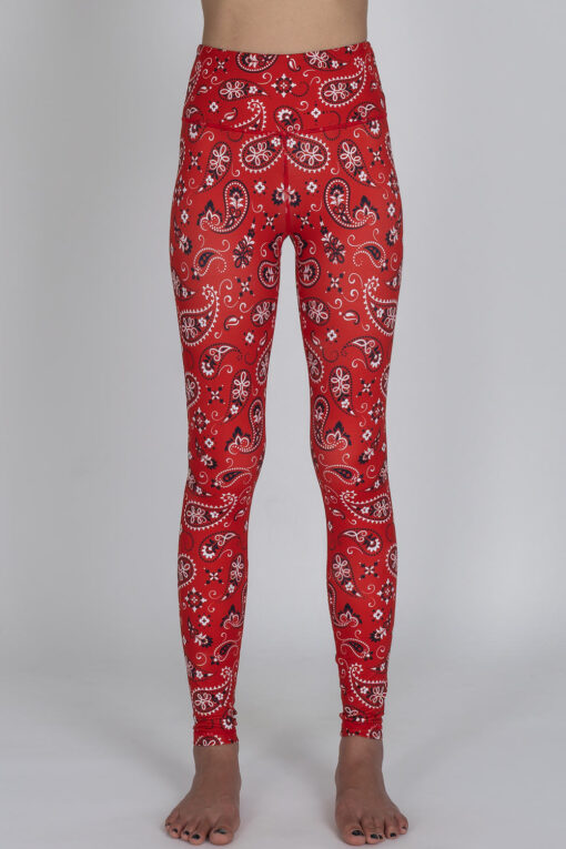 Front view of Blue Red Paisley full-length Leggings by Chandra Yoga & Active Wear