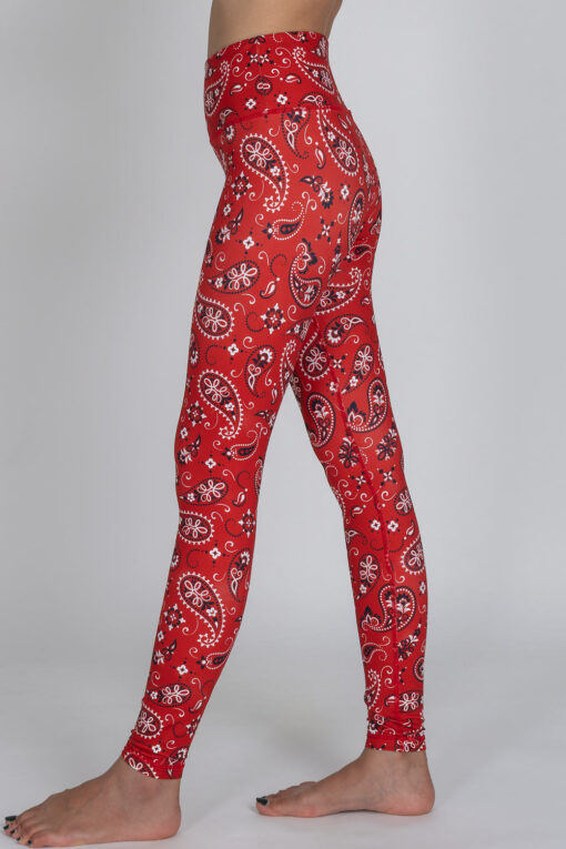 Side view of Red Paisley full-length Leggings by Chandra Yoga & Active Wear